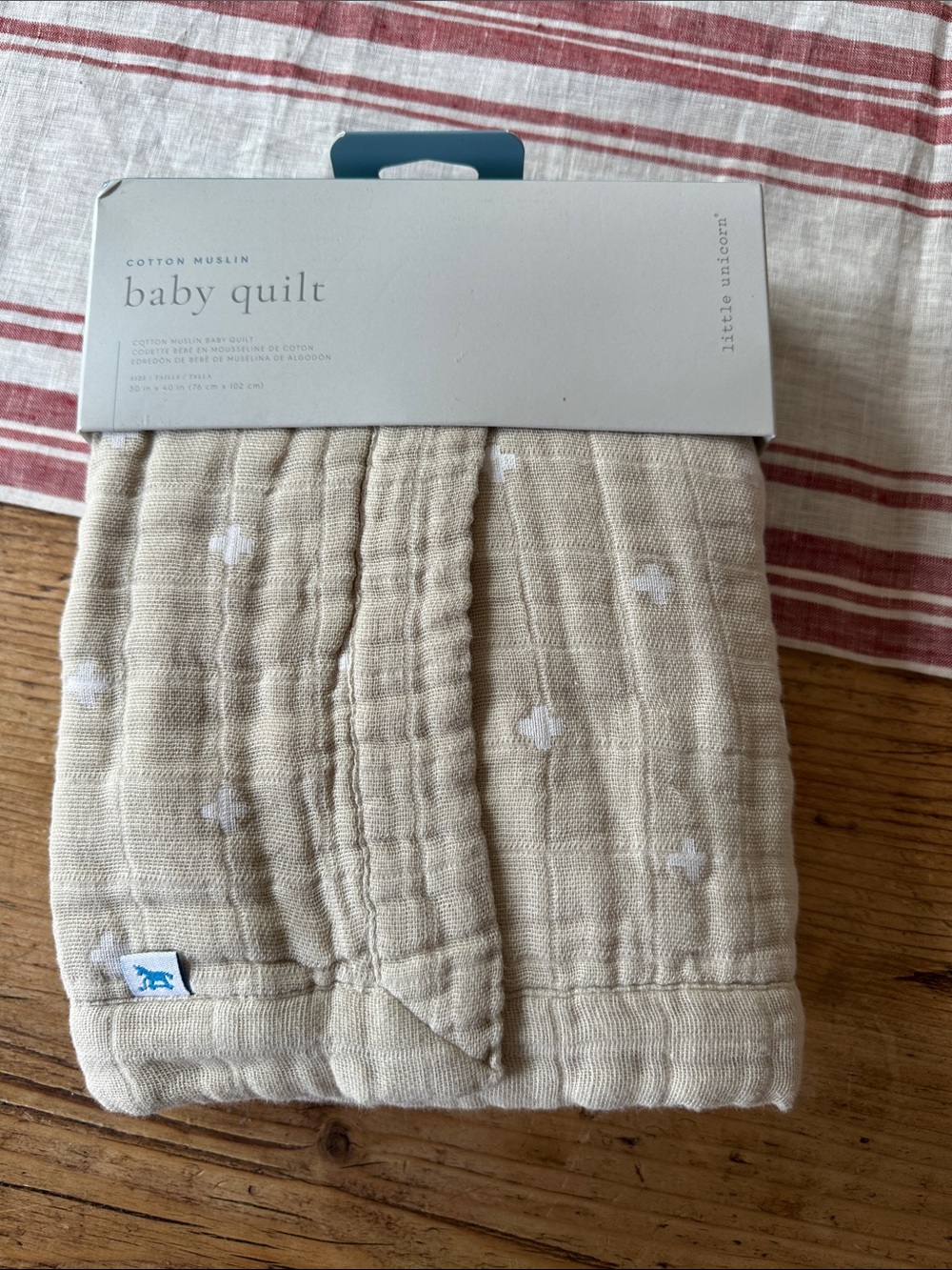Little Unicorn Cotton Muslin Baby Quilt Cross Taupe Beige 30"x40" NWT Nordstrom